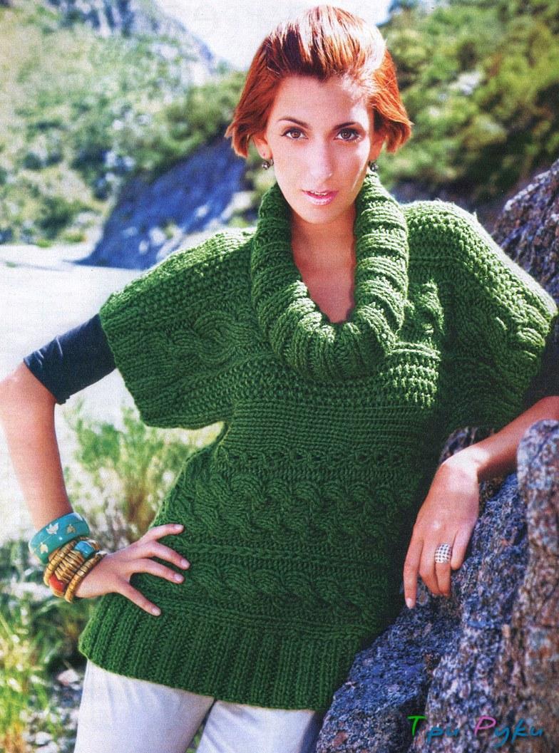 Зеленый пуловер вязаный спицами (2)