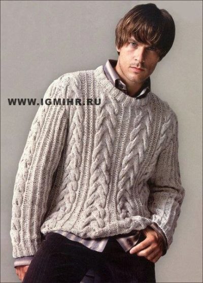 Мужской бежевый свитер из мягкой шерсти с изысканными плетёными узорами 27
