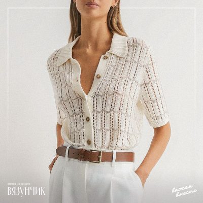 Элегантная белая блузка с ажурным узором и отложным воротником 1